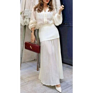 NWT ZARA Mixed Pleated Knit Midi Skirt "Blogger Favorite" Large Cream Whimsical